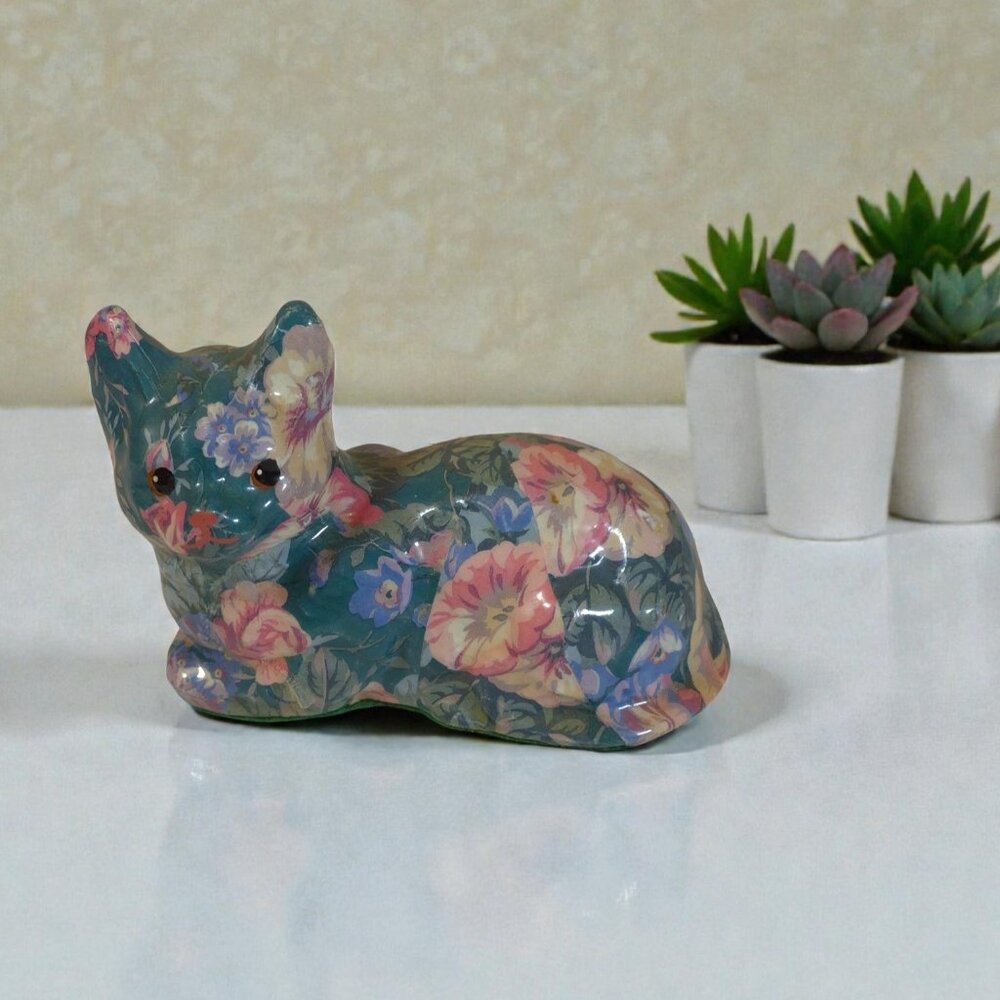 Vintage Floral Teal and Pink Decoupage Cat Figurine / Paperweight Cottagecore